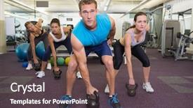  Presentation with class - Cool new PPT theme with strength training - muscular instructor leading kettlebell class backdrop and a dark gray colored foreground