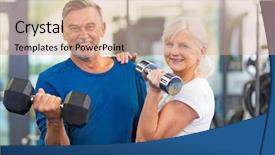  Presentation with strength - PPT theme with strength training - senior couple exercising in gym background and a coral colored foreground