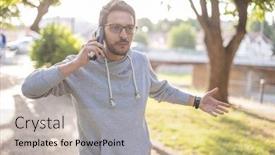  Presentation with phone - Presentation design consisting of stres-with-using-phone-talking background and a soft green colored foreground