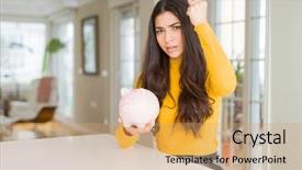  Presentation with piggy bank is evil - Amazing presentation theme having young woman holding piggy bank backdrop and a  colored foreground