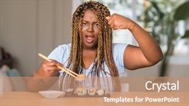  Presentation with generational african american culture and food - Amazing PPT theme having stress fish - african american woman eating sushi backdrop and a  colored foreground