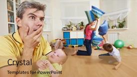  Presentation with behaviour - Presentation theme enhanced with lots of difficulties attractive female raising eyebrows and bending arms in elbows while looking sideways background and a  colored foreground.