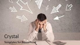  Presentation with paperwork - PPT theme featuring stress job - young businessman sitting background and a coral colored foreground