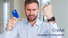  Presentation with business card - Theme having stress professionnel - handsome business man holding credit background and a  colored foreground