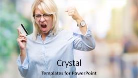  Presentation with business card - Slide deck enhanced with stress professionnel - young beautiful blonde business woman background and a  colored foreground