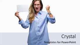  Presentation with business card - Slide deck featuring stress professionnel - young beautiful blonde business woman background and a  colored foreground