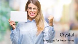  Presentation with business card - Presentation design with stress professionnel - young beautiful business woman holding background and a  colored foreground