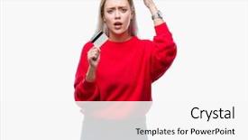  Presentation with blonde holding magnifying glass - Presentation consisting of stress professionnel - young blonde woman holding credit background and a  colored foreground