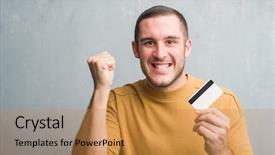  Presentation with credit card - Theme having stress professionnel - young caucasian man over grey background and a gold colored foreground