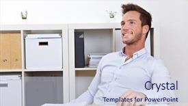  Presentation with business office desk - Audience pleasing presentation consisting of stress relief - happy business man relaxing backdrop and a sky blue colored foreground