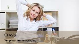  Presentation with woman business - Theme with stress relief - happy business woman doing back background and a coral colored foreground
