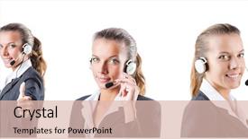  Presentation with call center - Beautiful slide deck featuring stress response - call center assistant responding backdrop and a  colored foreground