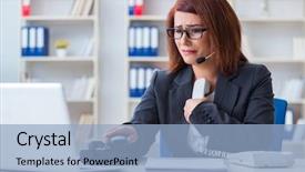  Presentation with call center - Beautiful presentation theme featuring stress response - frustrated call center assistant responding backdrop and a light blue colored foreground