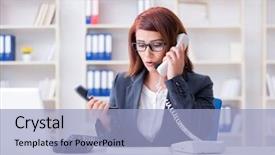  Presentation with call center - Beautiful presentation theme featuring stress response - frustrated call center assistant responding backdrop and a light blue colored foreground