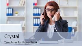  Presentation with call center - Presentation theme with stress response - frustrated call center assistant responding background and a light blue colored foreground