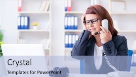  Presentation with call center reporting - Colorful slides enhanced with stress response - frustrated call center assistant responding backdrop and a light blue colored foreground