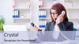  Presentation with call center - Presentation theme having stress response - frustrated call center assistant responding background and a light blue colored foreground