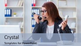  Presentation with call center - Cool new slides with stress response - frustrated call center assistant responding backdrop and a light blue colored foreground