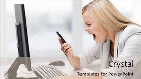  Presentation with mobile phone in woman hand - Beautiful slide set featuring stress response - picture of angry woman shouting backdrop and a soft green colored foreground