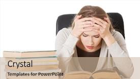  Presentation with stack books - PPT layouts having stress study - beautiful casual woman student worried background and a coral colored foreground
