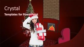  Presentation with stressed - Theme with stressed brunnette in santa hat holding gifts against red background with vignette background and a wine colored foreground