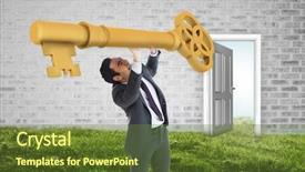  Presentation with open door - Audience pleasing presentation theme consisting of stressed businessman carrying large key with arms raised against open door on wall on grass backdrop and a tawny brown colored foreground
