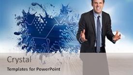  Presentation with circuit - Presentation theme consisting of stressed businessman gesturing against splash showing circuit board background and a light gray colored foreground