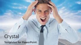  Presentation with tracks - Presentation theme consisting of stressed businessman shouting against train tracks leading to city on the horizon background and a light blue colored foreground