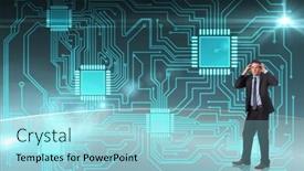  Presentation with circuit board - Cool new presentation theme with stressed businessman with hands on head against circuit board graphic backdrop and a light blue colored foreground