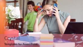  Presentation with stressed - Cool new PPT theme with stressed-businesswoman-forced-to-work backdrop and a coral colored foreground