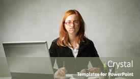  Presentation with front desk - Slides featuring stressed businesswoman working at her desk in front of a laptop background and a gray colored foreground