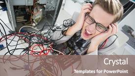  Presentation with cables - Presentation theme with stressed computer engineer working background and a violet colored foreground