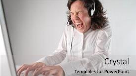  Presentation with robotic limb support - Presentation design enhanced with stressed customer support operator woman background and a light gray colored foreground