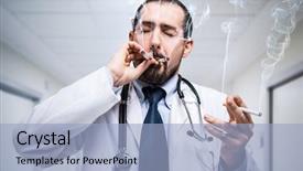  Presentation with cigarettes - Slide deck with stressed doctor smoking many cigarettes background and a light blue colored foreground