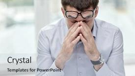  Presentation with tired - Audience pleasing presentation theme consisting of stressed male - business people and work concept backdrop and a light blue colored foreground