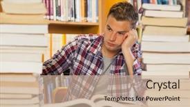  Presentation with piles - Cool new slide set with stressed male - frustrated handsome student studying backdrop and a  colored foreground
