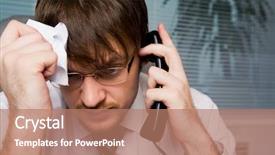  Presentation with conference phone calls - Slide deck having stressed male - portrait of frustrated employer calling background and a  colored foreground