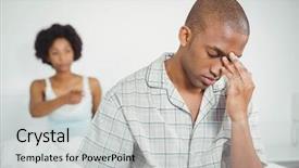  Presentation with 3d man sitting question mark - Slides featuring stressed male - upset man sitting on bed background and a  colored foreground