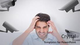  Presentation with cctv camera - Presentation featuring stressed man looking at camera background and a light gray colored foreground