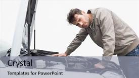  Presentation with engine - Colorful PPT theme enhanced with stressed man looking at engine of his car backdrop and a light gray colored foreground