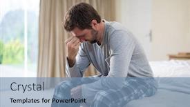  Presentation with social isolation - Audience pleasing presentation theme consisting of stressed man sitting on the bed at home social distancing and self isolation in quarantine lockdown for coronavirus covdi19 backdrop and a teal colored foreground