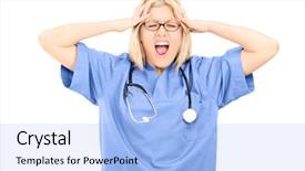  Presentation with female doctor - Colorful slide deck enhanced with stressed nursing - shocked female doctor screaming isolated backdrop and a light blue colored foreground