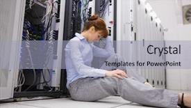  Presentation with server - Beautiful presentation featuring stressed technician sitting on floor beside open server in large data center backdrop and a light blue colored foreground