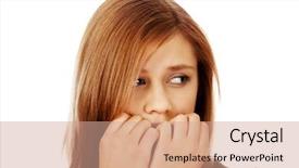  Presentation with nails - PPT theme featuring stressed teenage woman biting nails background and a coral colored foreground