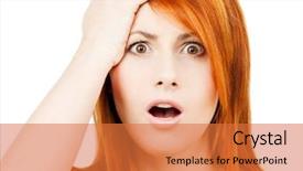  Presentation with trophy award hand holding - PPT theme with stressed woman holding her head background and a red colored foreground