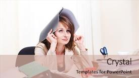  Presentation with upset - Cool new presentation theme with stressed young woman at work backdrop and a coral colored foreground