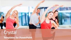  Presentation with group training - Audience pleasing PPT theme consisting of stretch arm - fitness sport training gym backdrop and a coral colored foreground
