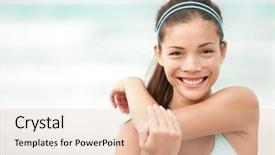  Presentation with fitness - Cool new slide deck with stretch arm - fitness woman exercising smiling happy backdrop and a lemonade colored foreground