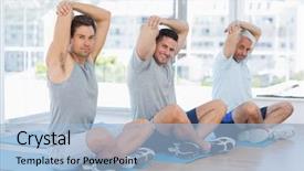  Presentation with men health work - Presentation theme featuring stretch arm - full length portrait of men background and a light blue colored foreground