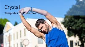  Presentation with stretching - Presentation design with stretch arm - handsome athlete stretching background and a  colored foreground